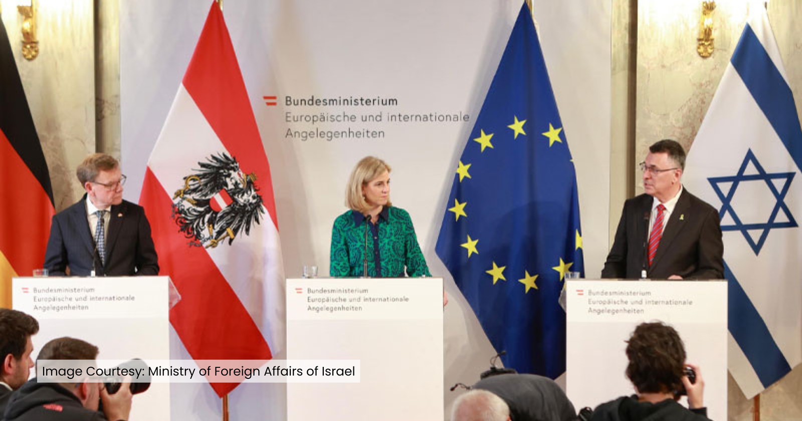 Israeli FM Gideon Sa’ar with Austrian and German FMs in Vienna, July 10, 2025